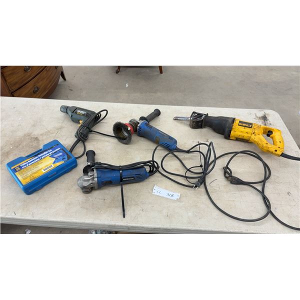 DeWalt Reciprocating Saw, Mastercraft Angle Grinders, and Drill