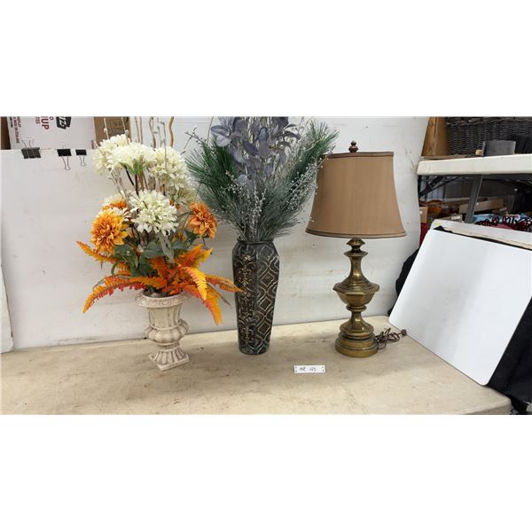 Floral Arrangement in Urn, Tall Vase with Pine Arrangement 60” Tall and Brass Table Lamp with