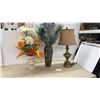 Image 1 : Floral Arrangement in Urn, Tall Vase with Pine Arrangement 60” Tall and Brass Table Lamp with