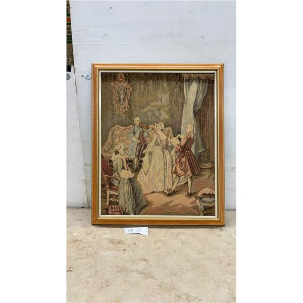 Framed Rococo-Style Tapestry Reproduction Depicting 18th-Century Interior Scene With Figures