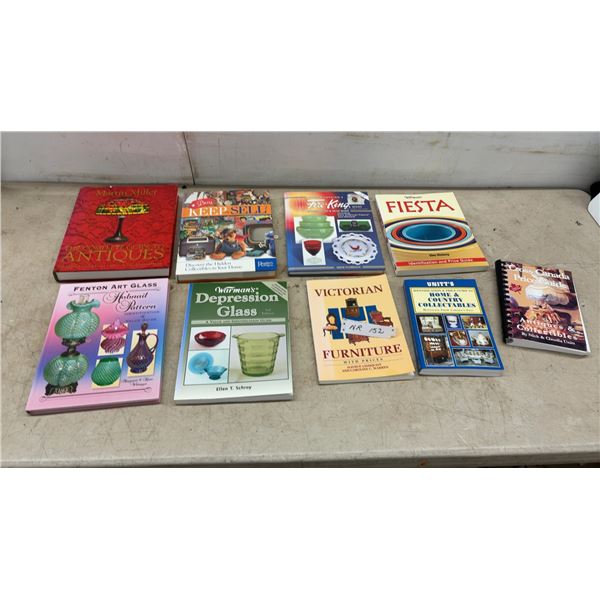 9 Antiques and Collectibles Reference Books Including Fiesta, Fenton, Depression Glass