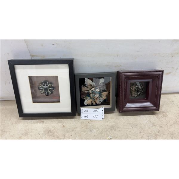 Set of 3 Decorative Framed Shadow Boxes With Brooch, Feather, and Metallic Ornaments, Largest