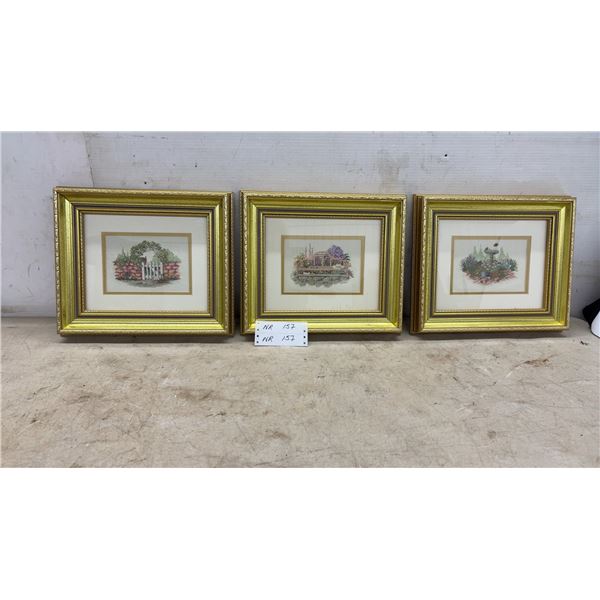 Three Framed Cross-Stitch Garden Scene Artworks in Ornate Gold Frames, 13 1/2 × 11 1/2”
