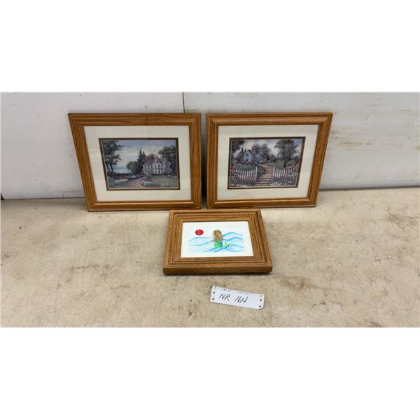 Three Framed Decorative Prints, Two Country House Landscapes and One Mermaid, Oak Frames, Largest