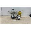 Image 1 : Three Decorative Solar Lanterns Including Metal and Wood Tabletop, Yellow Ceramic, and Glass Jar