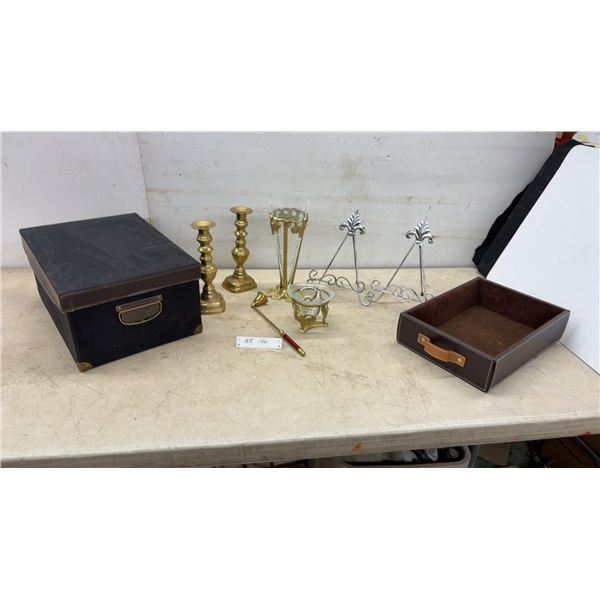 Brass Candlesticks, Crackle Glass Vase and Bowl Set, Nesting Boxes, Candle Snuffer