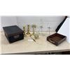 Image 1 : Brass Candlesticks, Crackle Glass Vase and Bowl Set, Nesting Boxes, Candle Snuffer