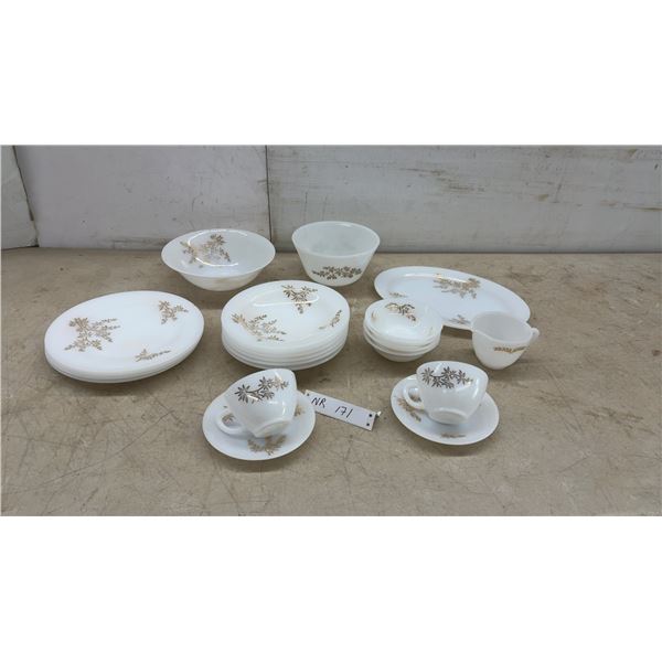 22 Pieces Federal / Fire-King Golden Bamboo Milk Glass Dinnerware Set, Plates, Bowls, Cups