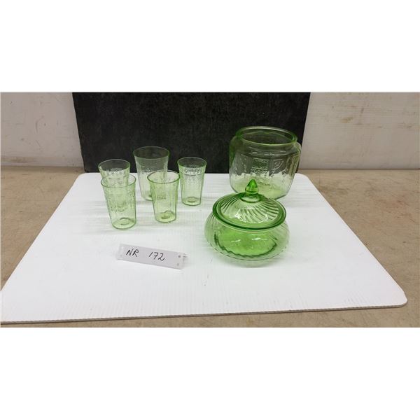 Green Depression Glass (May contain Uranium) Tumblers, Lidded Candy Jar and Cookie Jar