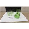 Image 1 : Green Depression Glass (May contain Uranium) Tumblers, Lidded Candy Jar and Cookie Jar