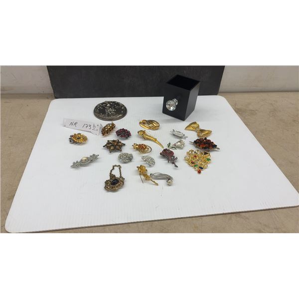 Vintage Brooches, Silver Plated Ladies Compact Mirror and Decorative Gem Box