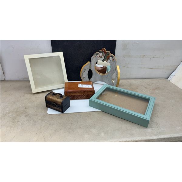 Two Shadow Box Display Frames, Decorative Vanity Mirror, Carved Wooden Box