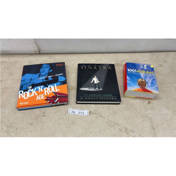 Three Coffee Table Books, Rock 'n' Roll Age, Frank Sinatra American Legend, and 1001 Albums