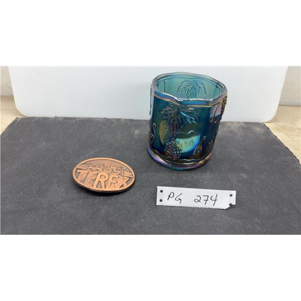 Indiana Glass Harvest Grape Carnival Glass and Terex Bronze Belt Buckle