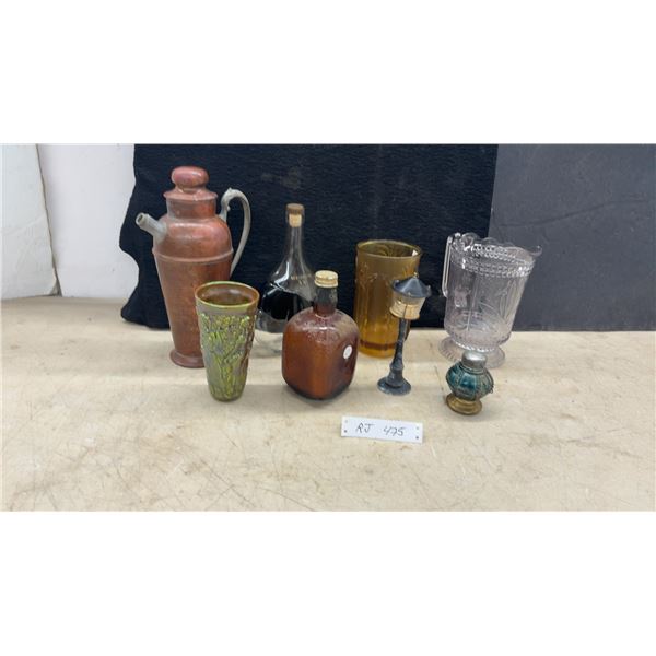 Vintage Glassware, Meukow VS Cognac Bottle, Copper Cocktail Shaker, Amber Vase