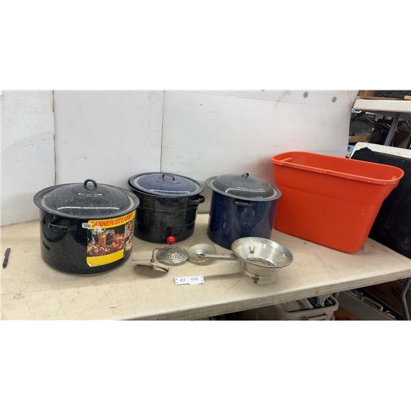 Enamelware Canner/Steamer Pots, Food Mill, Strainer Discs, Canning Funnel, and Orange Utility Tub
