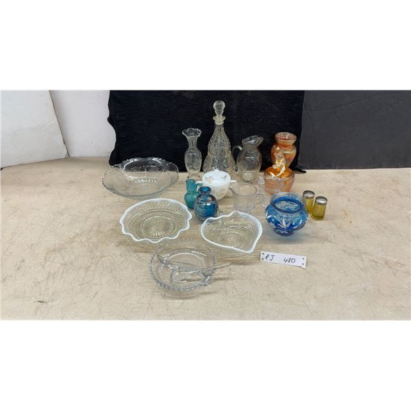 Assorted Vintage Glassware Including Etched Decanter, Carnival Glass Vase, Bowls, Shakers