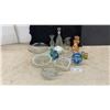 Image 1 : Assorted Vintage Glassware Including Etched Decanter, Carnival Glass Vase, Bowls, Shakers