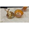 Image 4 : Assorted Vintage Glassware Including Etched Decanter, Carnival Glass Vase, Bowls, Shakers