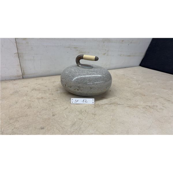 Antique Grey Granite Curling Stone with Curved Metal Handle and Bone Grip