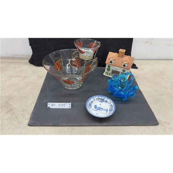 Vintage Glass Chip and Dip Set, Ceramic Cottage, Blue Art Glass Bowl and Johnson Bros. Dish