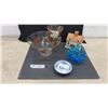Image 1 : Vintage Glass Chip and Dip Set, Ceramic Cottage, Blue Art Glass Bowl and Johnson Bros. Dish
