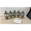 Image 1 : Five Hexagonal Brass Post Lanterns with Clear Glass Panels and Decorative Finial Tops