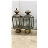 Image 2 : Five Hexagonal Brass Post Lanterns with Clear Glass Panels and Decorative Finial Tops