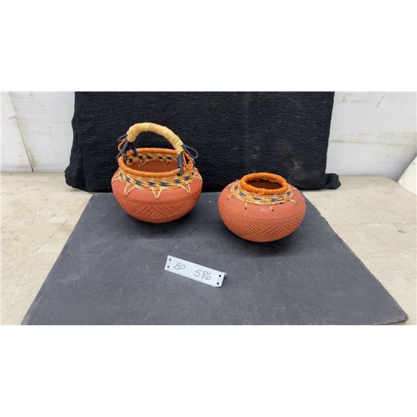 Handcrafted Terracotta Pots with Woven Fiber Rims and Etched Geometric Patterns, Set of 2