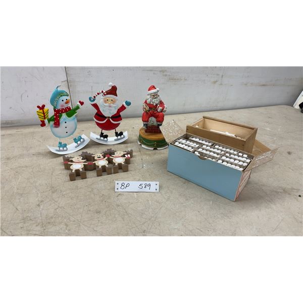 Summit Collection 1991 Santa on Chimney Music Box, Metal Snowman and Santa Figures, Vintage Chalk