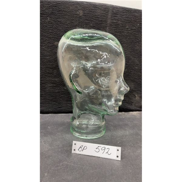 Green-Tinted Clear Glass Display Head Mannequin for Hats, Wigs, or Headphones, 11 1/2” Tall