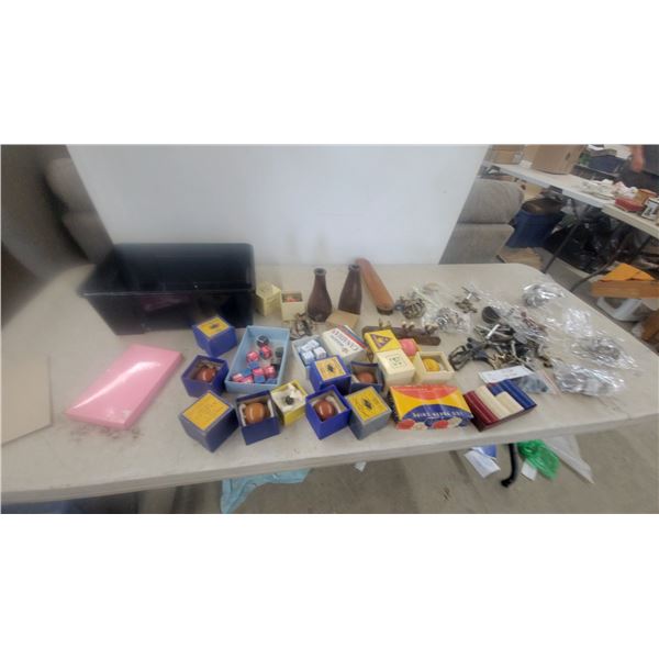 Vintage Poker Chips, Molson Canadian chalk, Billiard Balls, and Assorted pool accessories