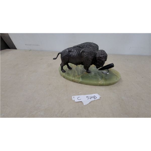 Bronze Buffalo Sculpture on Onyx Base with Pen Holder 12”