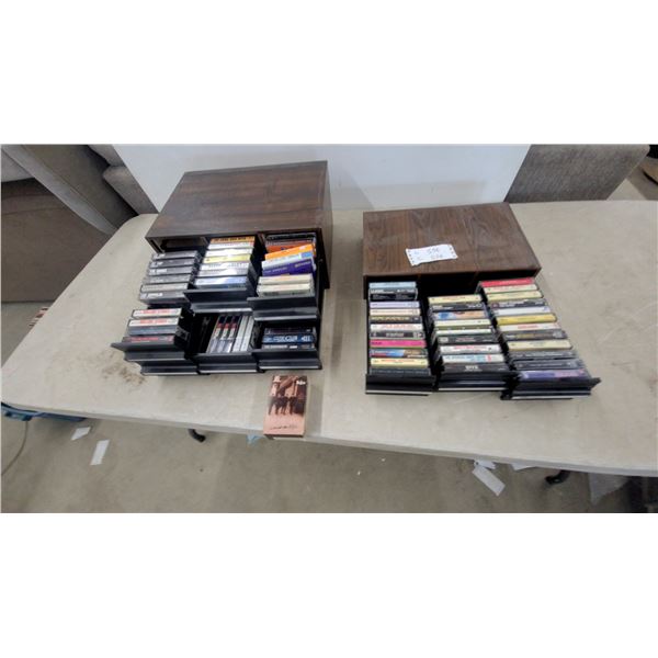 Two Wood Cassette Storage Cabinets with Assorted Music Cassettes most rock