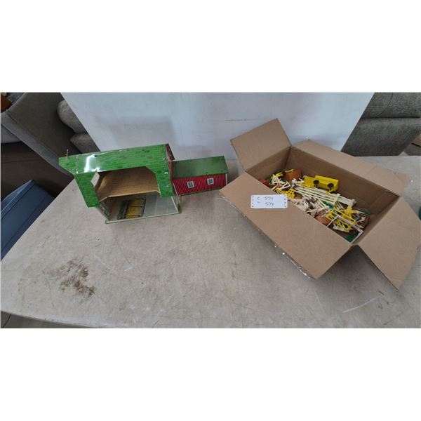 Vintage Marx Tin Litho Barn and Farm Building, Box of Farm Animals, Fences