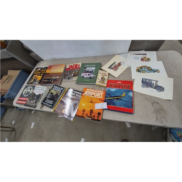 Collection of Books and Prints: "Hot Rod How-To," "Hell's Angel," "International Airport,"