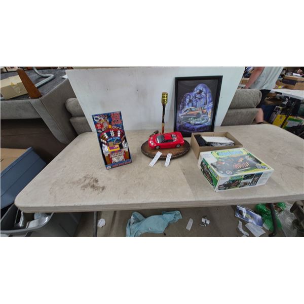 Juke Box Bank, Red Sports Car Lamp, Framed Art, and Model Car Kit