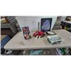 Image 1 : Juke Box Bank, Red Sports Car Lamp, Framed Art, and Model Car Kit