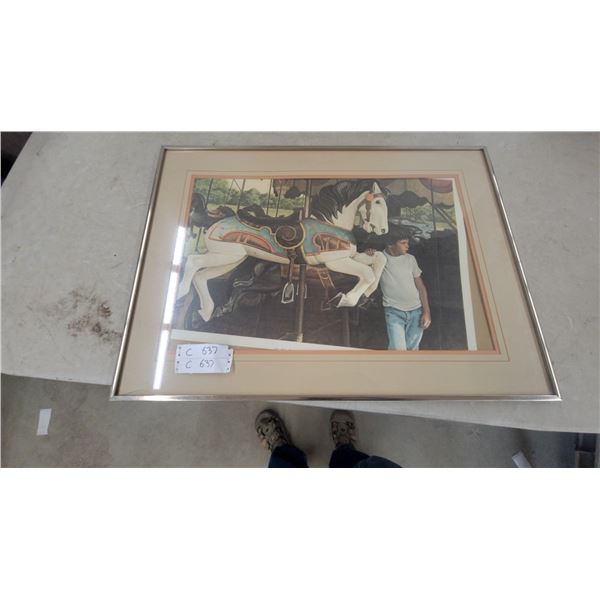 Framed Print of a Boy and Carousel Horse 22”×30”