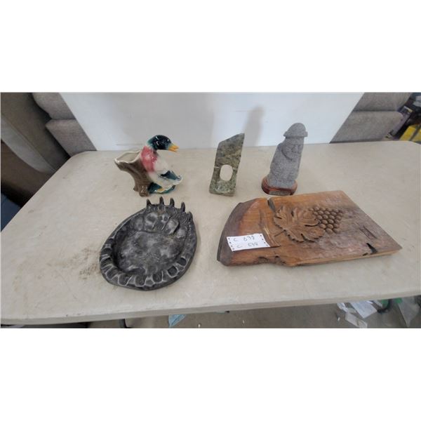 Assorted Decorative Items: Bear Paw Ashtray, Ceramic Duck Planter, Carved Wood Grape Panel