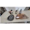 Image 1 : Assorted Decorative Items: Bear Paw Ashtray, Ceramic Duck Planter, Carved Wood Grape Panel