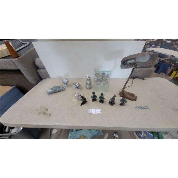 A Bulova Desk Clock, Vintage Desk Lamp, Silver-Tone Car and Snowman Figurines