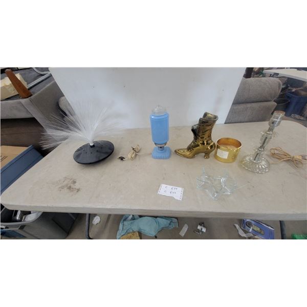 Assorted Lamps and Decor: Fiber Optic Lamp, Blue Glass Lamp, Clear Glass Lamp, Gold Boot