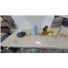 Image 1 : Assorted Lamps and Decor: Fiber Optic Lamp, Blue Glass Lamp, Clear Glass Lamp, Gold Boot