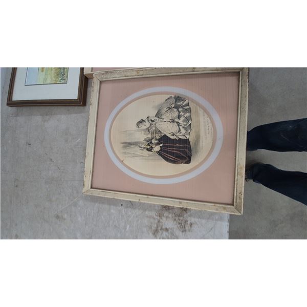 Assorted Framed Art: 2 Fashion Prints, Landscape Watercolor, Bulldog Print