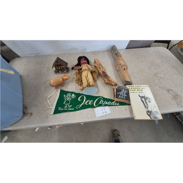 Native American Doll, Carved Wood Faces, Ice Capades Pennant, and Books