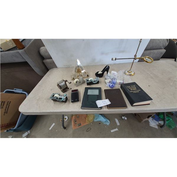 Adjustable Magnifying Glass, Pyramid Clock, High Heel Shoe, 3 Tape Dispensers, Calculator, 3 Books