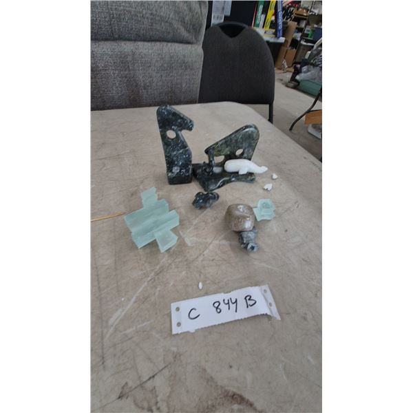 Assorted Stone and Glass Sculptures: 2 Dark Green Stone Abstract Sculptures, White Stone Whale