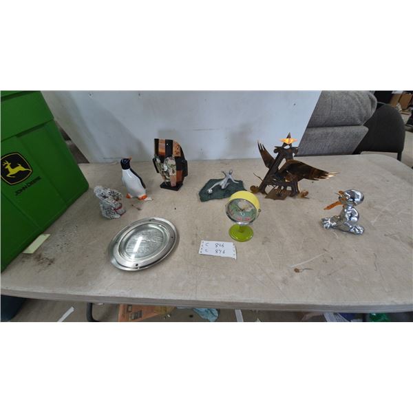 Assorted Decor: Metal Eagle Sculpture, Penguin Figurine, Stone Mask