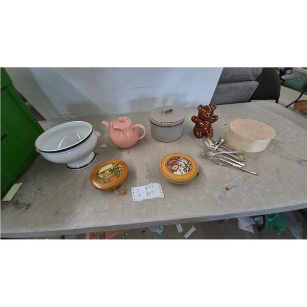 Ceramic Gravy Boat, Pink Teapot, Lidded Canister, Baby Bear Bank, 2 Wood Boxes, and 16 Forks